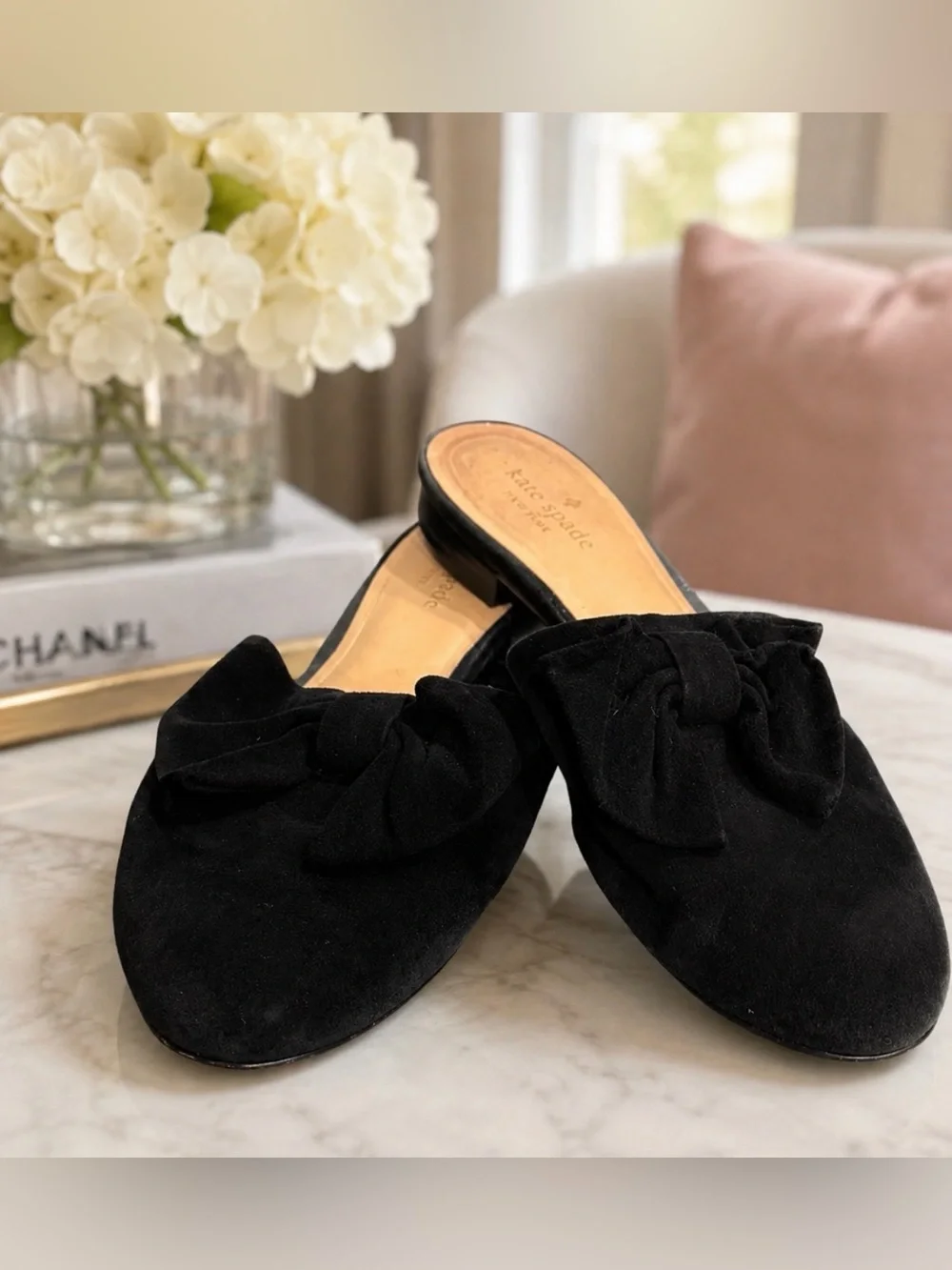 Kate Spade Black Suede Bow Mules